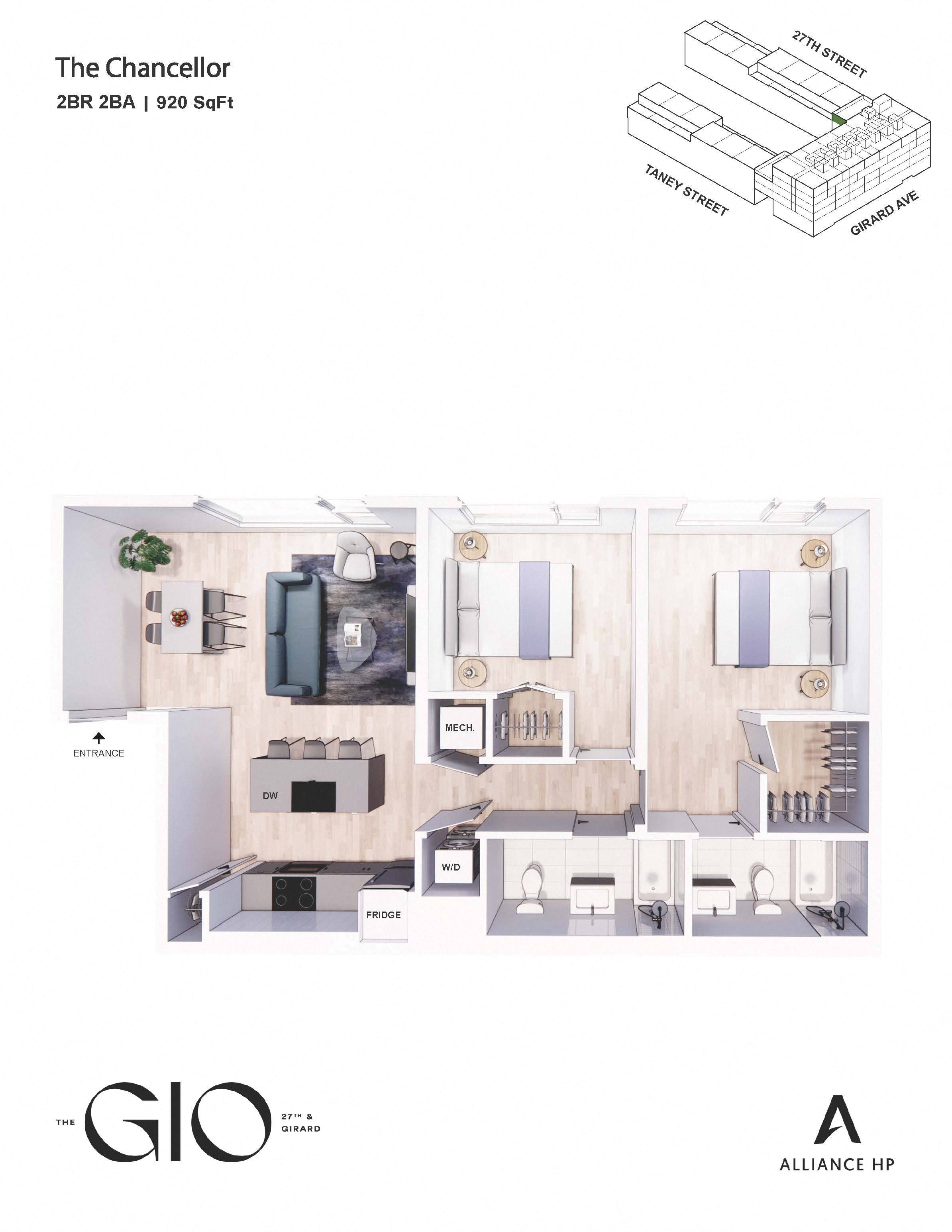 Floor plan for 2 beds, 2 baths, 920 sqft